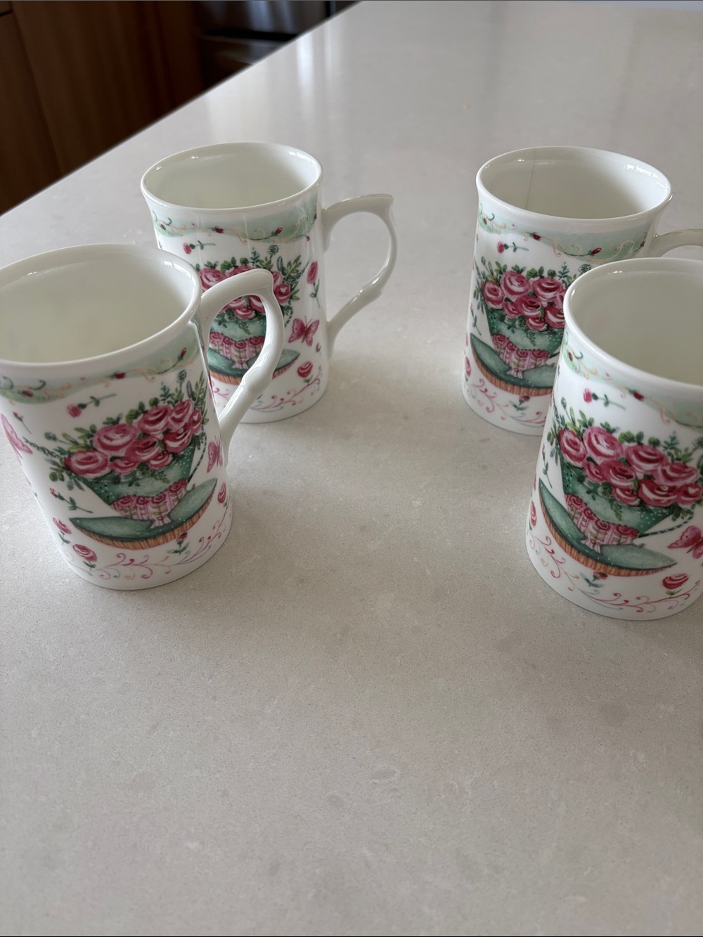 Floral Pink Rose Porcelain Mugs - Set of 4